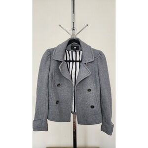 Womens Gray Double Breasted Pea Coat Puff Sleeve Striped Lining Nautical Size 2